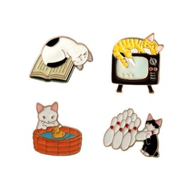 4 Pcs Cute Enamel Lapel Pins Sets Cartoon Animal Plant Flowers Brooches Pin Badges for Clothing Bags Backpacks Jackets Hat Party Favors Decoration (Lazy Cats)