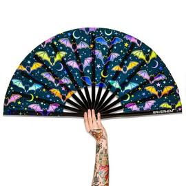 Raveahem UV Glow Rave Fan, Bamboo Folding Clack Hand Fan for Men Women (Multicolored Bats, Large 13")