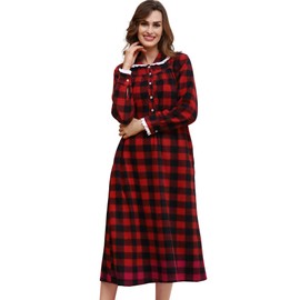 COLORFULLEAF Women's Plaid Fleece Nightgowns Christmas Nightshirt Lace Trim Long Sleeve House Dress with Pockets (Red, M)