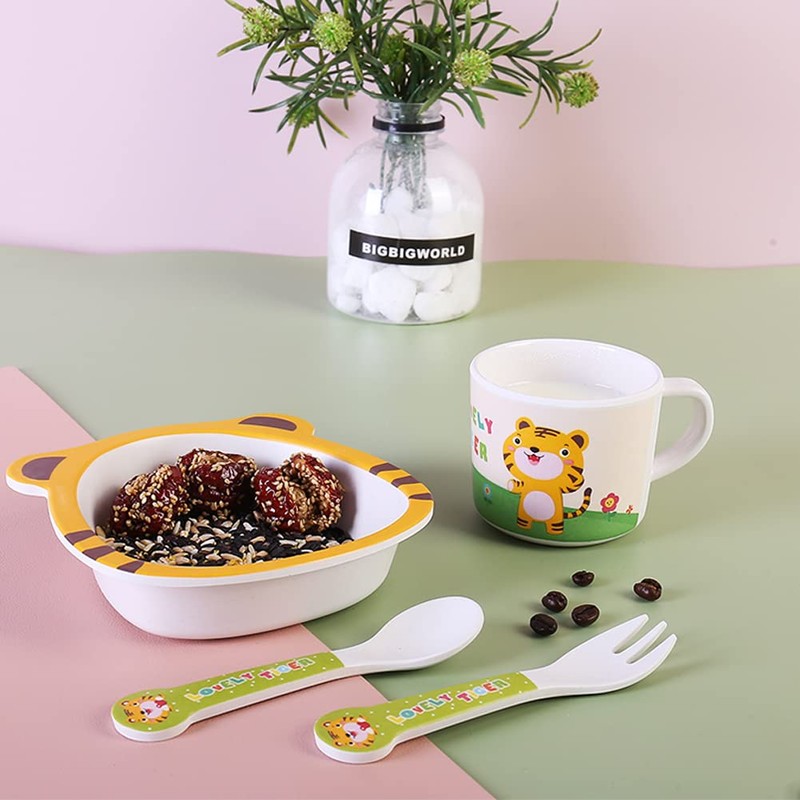Fekdod Bamboo Kids Dinnerware Set 5 Pcs Includes Plate Bowl
