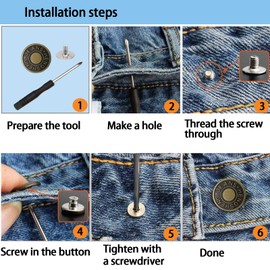 YouOKLight buttons for Jeans,17 mm no-sew nailess removable metal jeans buttons replacement repair combo thread rivets and screwdrivers,12 replacement buttons, simple Installation, reusable.