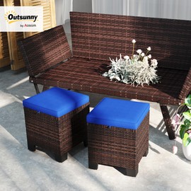 Outsunny 2 Pieces Outdoor Patio Ottomans, All Weather Wicker Outdoor Footstools with Removable Cushions, 3-in-1 PE Rattan Ottoman Seat, Footrest and Side Table for Backyard, Poolside, Dark Blue