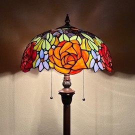 Capulina Tiffany Floor Lamp 2-Light 16 Inches Wide Red Yellow Rose Style Stained Glass Standing Reading Floor Light for Living Room Bedroom Home Office