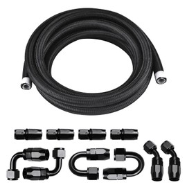 Piodelo 6AN 10FT PTFE Fuel Line Fitting Kit, E85 Nylon Braided Fuel Hose with 10PCS Aluminum Swivel Fuel Hose Fitting Adapter Kit - Black