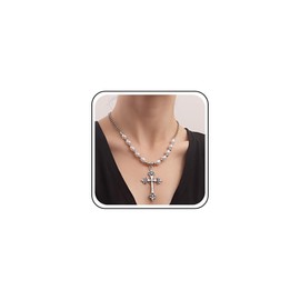 Inateannal Silver Cross Necklace for Women Gothic Pearl Beads Clavicle Chain Necklace Statement Necklace Chain Y2K Jewelry for Women Girls