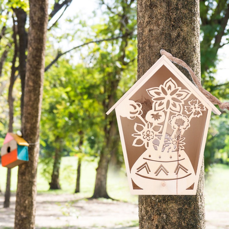 2Pcs Bird House with Warm Light Hollow Flowers Patterns Bird