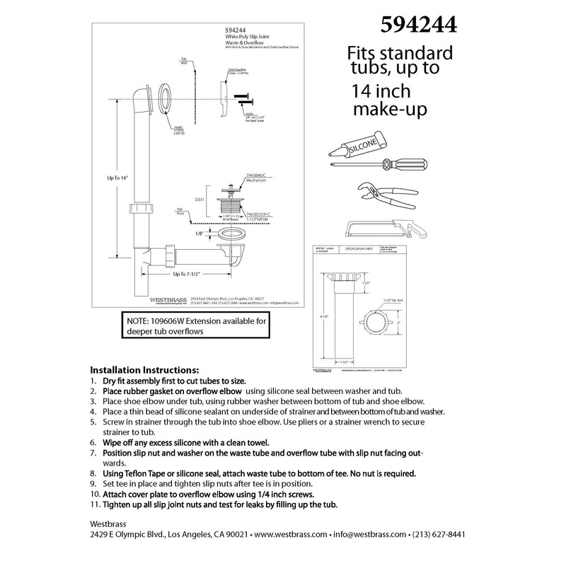 Westbrass 594244-50 14" Tubular Bath Waste & Overflow Assembly with
