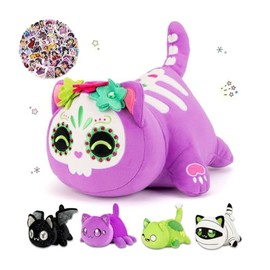 KaiMaoMaoRongWanJu 61-PCS 丨 9.8-inches Purple Ghost Cat Plush + 60-Sticker - Cat Plush Collection - 100% Polyester Plushie Pillow Embroidered - Cat Stuffed Animal (Purple Ghost Cat)