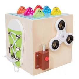 Cubo Ocupado Montessori 9 en 1 | Caja Actividades de Madera │ Pesca Imantada, Ensarte, Engranajes, Cierre de Puerta, Spinner & Clasificación de Formas │ Juguete Educativo 2+ Años