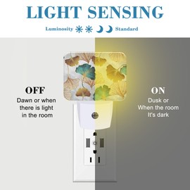 Uiaoiais Luxurious Golden Ginkgo Leaves Night Light Plug into Wall, Green Ginkgo Night Light with Dusk to Dawn Sensor for Kid Girls Boys Women Men Bedroom, Hallway, Kitchen, Bathroom, Stairs Decor