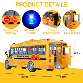 Yellow School Bus Toys for Toddlers with 4 Different Flashing Lights & Sound, Back and Side Doors Open Friction-Powered Wheels Light Up Toy Buses Birthday Gift 3 4 Year Old and Up Girl Boy Toys