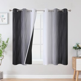 VEHEDE Black and Greyish White Ombre Blackout Short Curtains 45 Inch Drop, Wave Stripe Pattern Thermal Insulated Eyelet Curtains for Kitchen, Light Blocking Gradient Drapes, W42 x L45 Inch, 2 Panels