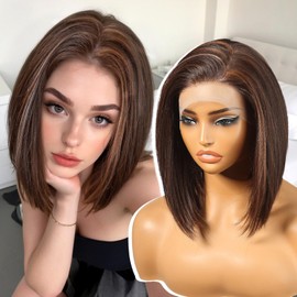 KOME Brown Highlight Synthetic Lace Front Wig,13×6 Short Straight Glueless Bob Wig for White Women Daily Use 10IN