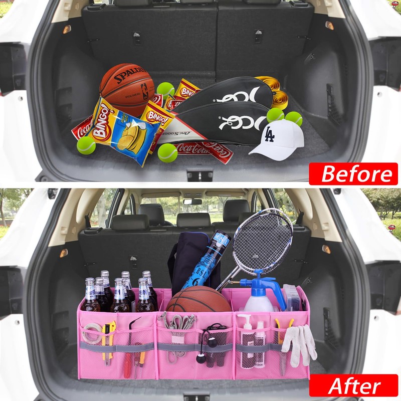 Homeve Large Collapsible Trunk Organizer with Multi Pockets, 3 Compartments