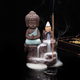 Backflow Incense Burner Holder Handmade Ceramic Waterfall Incense Cone Sticks Holder Buddha Style Home Decor with 10 Free Backflow Incense Cones for Home Tearoom Office (Light Blue)