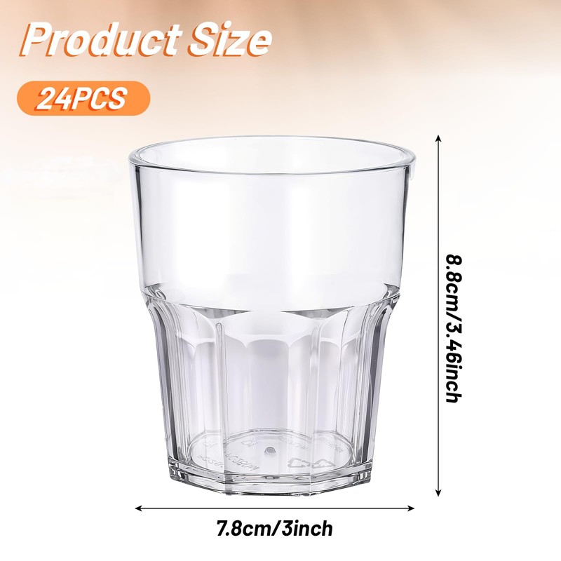 24 Pack Clear Plastic Drinking Glasses, 8 oz Shatterproof Stackable