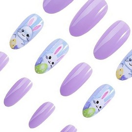 24 Pcs Easter Press on Nails Medium Almond Shaped Fake Nails Spring Easter Cute Bunny Design Purple Glossy Acrylic Nails Easter Rabbit False Nails Full Cover Stick on Nails for Women DIY Manicure
