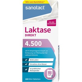 sanotact Laktase Direkt 4,500 Mini Tablets - Pack of 100 | For Lactose Intolerance | Instant Effect | Can Be Taken Without Water | Practical Click Dispenser