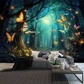 FENDROM Fantasy Forest Tapestry Aesthetic Fairy Galaxy Plant Butterfly Moon Wall Hanging Tapestries For Bedroom Living Room