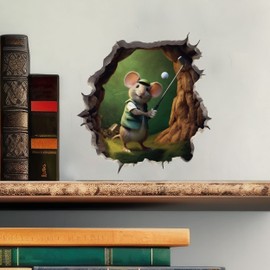 Golfing Mouse in Mouse Hole Decal - Mouse Hole 3D Wall Sticker