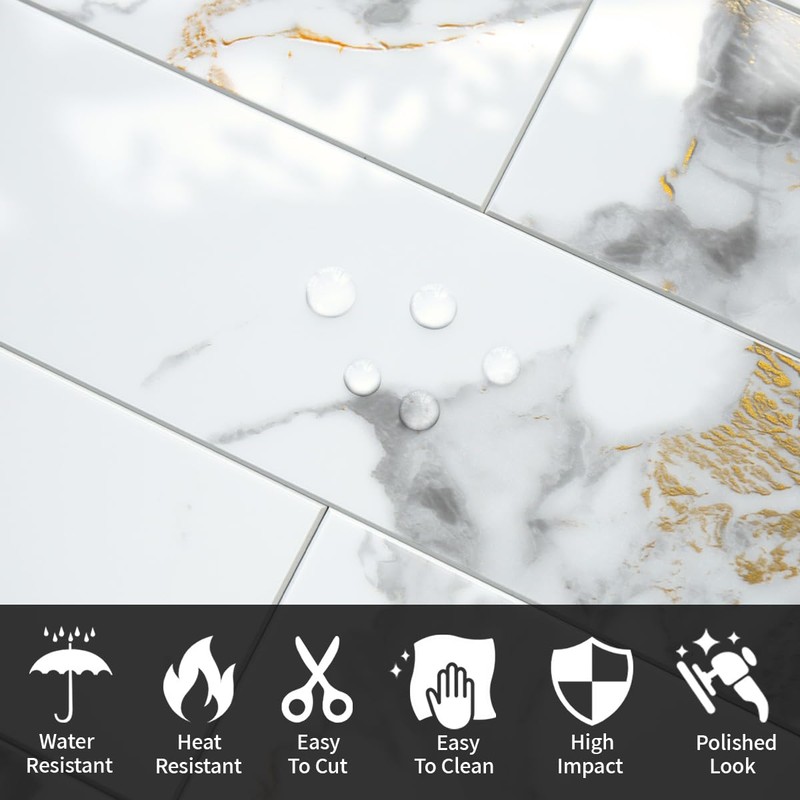 AULIGET 40-Piece Polished White Marble with Gold Peel and Stick