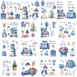 Winter Christmas Rub on Transfers for Crafts - Wxiben 12 Sheets Snowman Snowflake Rub on Transfers for Furniture Blue Xmas Gnome Rub on Transfer Decal Stickers for Wood DIY Craft Office Home Decor