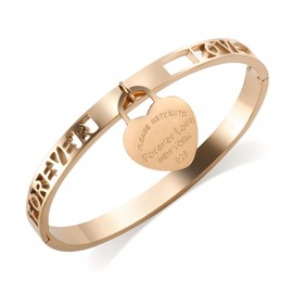 Gold Bangle Bracelets for Women with Dangling Charm, 6.5 inches 18k Gold Plated Cubic Zirconia Stainless Steel Dainty Stacking Thin Bangle with Heart Charm Jewelry (rosegold)