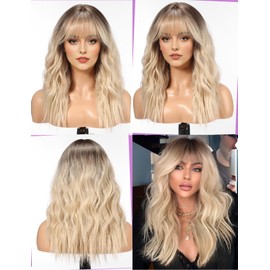 WOKESTAR Long Wig with Fringe Synthetic Wavy Wigs for Women Blonde Colour