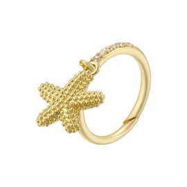 OIDIMS Dangling Starfish Open Rings for Women Dainty Crystal Cubic Zirconia Adjustable Ocean Statement Ring Boho Stackable Finger Gold Plated Jewelry Beach Accessories Vacation Party Summer Stuff