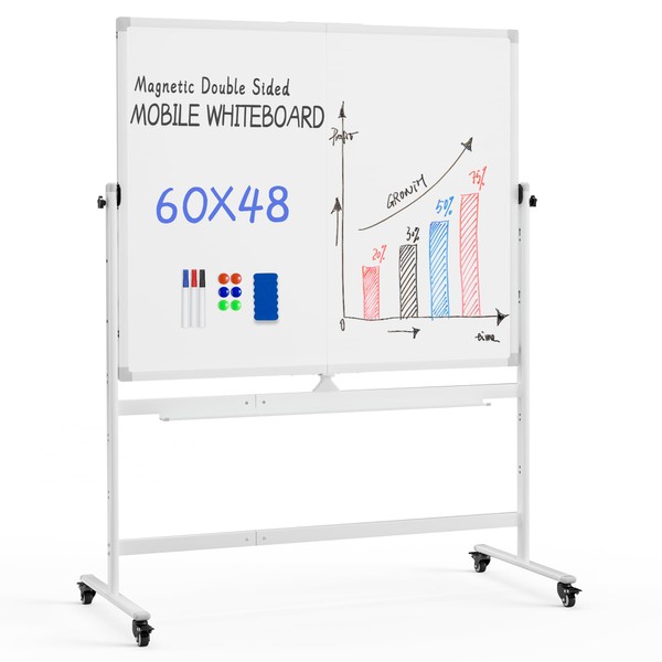 Rolling Whiteboard, 48"x60" White Board with Stands Movable Dry Erase