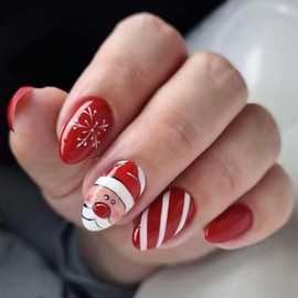 Christmas Press on Nails Short Almond Red Fake Nails with Santa Claus Design White Snowflake False Nails Glossy Acrylic Nails Red Full Cover Glue on Nails Stick on Nails for Women and Girls