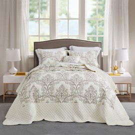 CHIXIN Bedspread Coverlet Set Queen Size - Lightweight Bedding Cover - Beautiful Stitching - 4 Piece Reversible Bedspread - Luxury Damask Paisley Pattern (Queen, Ivory)