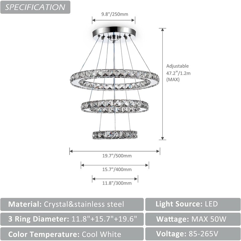 CLAIRDAI Modern Crystal Chandeliers Adjustable Crystal 3 Ring LED Ceiling