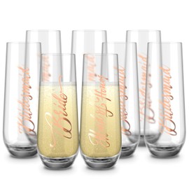 KooK Bridal Stemless Glass Champagne Flutes, Cocktail Cups for Rose, Prosecco, Mimosa, Great for Bachelorette Parties, 9.4 oz, Set of 8