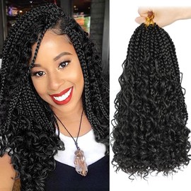 Fayasu Boho Crochet Hair 8 Packs Goddess Box Braids Crochet Hair 14 Inch Bohemian Braiding Hair Box Braids with Curly Ends Pre-looped Synthetic Crochet Hair for Black Women (1B)