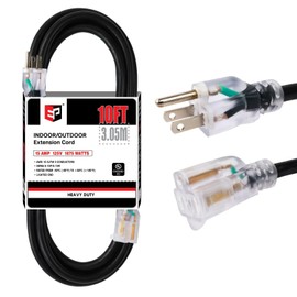 EP 10 Ft Lighted Outdoor Extension Cord - 10/3 SJTW Heavy Duty Black Extension Cable with 3 Prong Grounded Plug for Safety, UL Listed