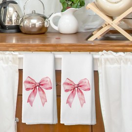 XPH Coquette Pink Bow Kitchen Dish Towels Set of 2, Bows Lover Gifts for Teen Girl Women, Pink Girly Preppy Trendy Ribbon Hand Towels Kitchen Bathroom Tea Towels Decorations, 16x41inch