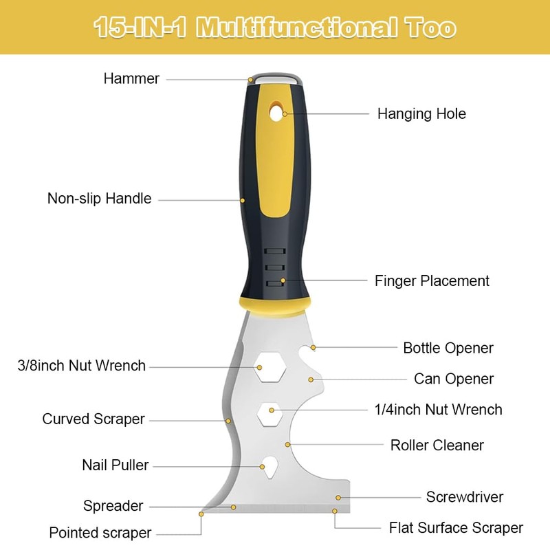 Wallpaper Scraper Tool with 1 Gloves, Stainless Steel 15-in-1 Paint