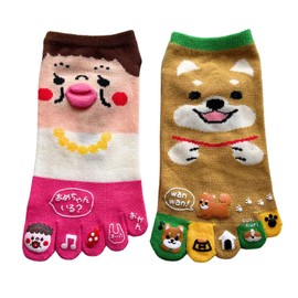 Mode Select Women's Five Toe Socks, Character, Thin, Summer, Ankle Length, Cute, 5 Toe Socks, Cute, 2 Types, Set of 2 Pairs, Pink, Yellow, Black, Green