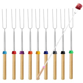 HRLORK 10 Pack Marshmallow Toasting Forks Stainless Telescoping Barbecue Forks Wooden Handle BBQ Roasting Sticks for Bonfire Camping