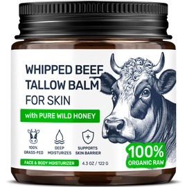 Beef Tallow for Skin – Grass Fed Whipped Tallow and Honey Balm, Face and Body Moisturizer with Beeswax and Wild Honey, 3-Ingredient Fragrance Free Non Comedogenic Formula for Dry Sensitive Skin