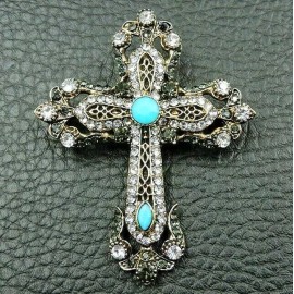 Unbranded Big HEAVENLY Ornate FILIGREE CROSS Rhinestone BAROQUE Necklace Pendant Brooch