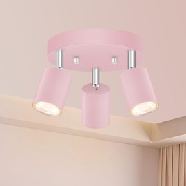 Bricosmocon 3 Light Track Lighting Fixtures Ceiling, Pink Round Directional Spotlight Fixtures, GU10 Flush Mount Ceiling Fixture, Adjustable Modern LED Track Light for Girl's Room, Bulb Not Included