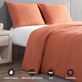 DAPU Linen Duvet Cover King, Washed Lightweight Bedding Set with Buttons Closures, 3 PCs Hypoallergenic Soft Linen Cotton Blend Duvet Cover Set with 8 Corner Ties (Rust, King)