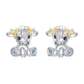 Highland Cow Stud Earrings 925 Sterling Silver Cow Earrings Animal Earrings Jewellery Gifts for Women Girls Ladies Birthday Mother's Day, Sterling Silver, Cubic Zirconia