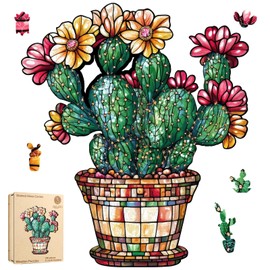 Delobil Stained Glass Cactus Wooden Puzzles for Adults, 200 Pieces Jigsaw Puzzles, Unique Shaped Medium Size Wood Puzzle Gift for Adults and Kids, Family Game 11.3'' x 13.2''