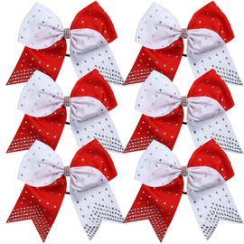 8 Inch 2 Colors Cheerleader Bows Ponytail Holder with Bling Fling Rhinestones Hair Tie Cheerleading Bows 6 Pcs (Red/White)
