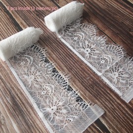 Non-Elastic Eyelash lace Trim,2pcs White lace Ribbon, 9.5cm(Width) x 300cm(Length) Scallop Sewing lace for DIY Craft Projects, Like Bridal Veil, Gift Wrapping, Doll Sewing and Home Decor(2 pcs White)