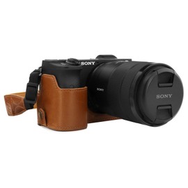 MegaGear MG1809 Ever Ready Leather Camera Half Case Compatible with Sony Alpha A6600 - Light Brown
