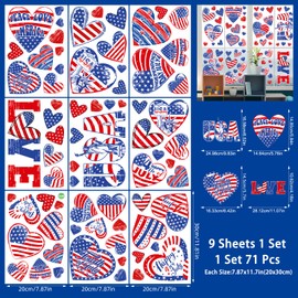 71Pcs Patriotic Window Clings, Memorial Day Decor Red White Blue Double-Sided USA Stars Hearts Shape Decals for 4th of July Independence Day Veterans Party Supplies Home Office, 9 Sheets